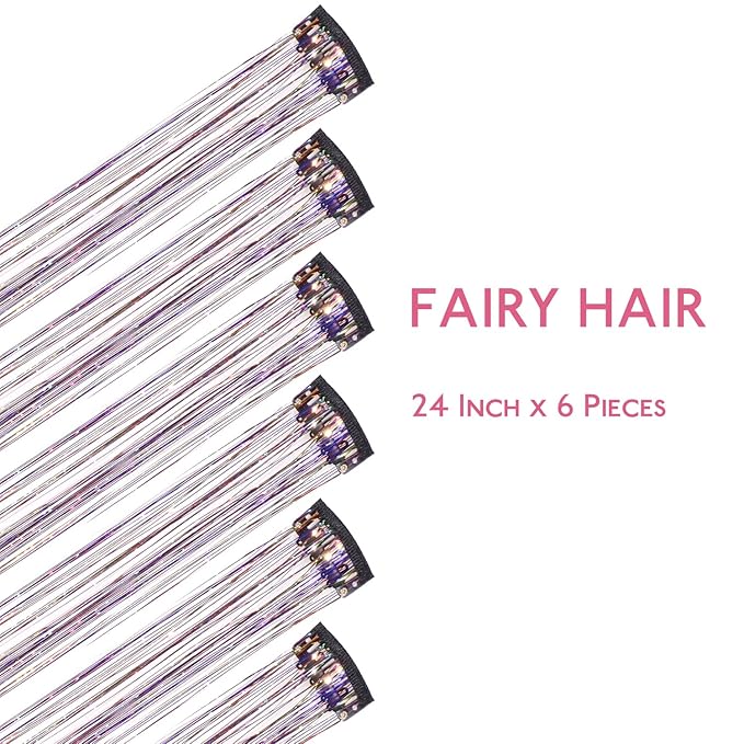 WENNALIFE Hair Tinsel Clip In Hair Tinsel for Girls Rainbow, 6pcs 24 inch Colorful Glitter Sparkle Fairy Hair Accessories for Kids