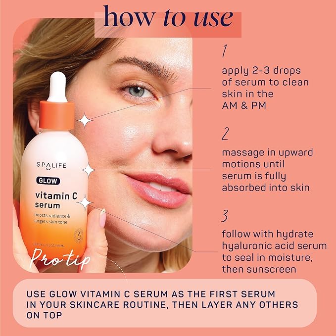 Spa Life Face Serum: GLOW Vitamin C & Radiating Daily Serum 100 ml (3.7 oz) - Targets Dark Spots, Fine Lines, Uneven Tone & Signs of Aging, Firming, Plumping & Radiance Boosting