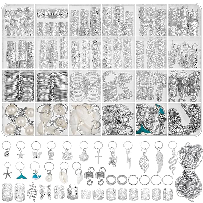 285PCS Silver Hair Jewelry for Braids, 37 Styles Loc Jewelry Charms for Women and Men, Adjustable Metal Hair Cuffs Rings and Clips, Braids and Dreadlocks Accessories, Braiding Hair Jewelry Decorations