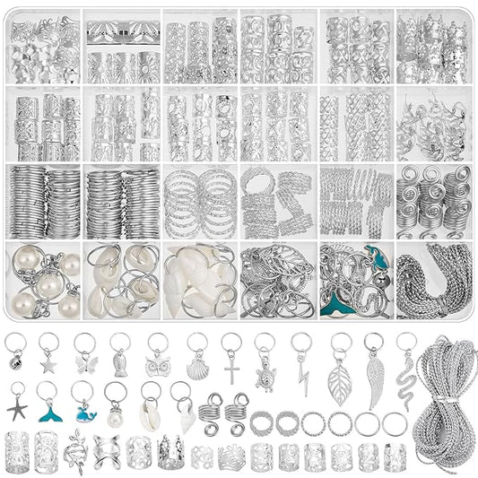 285PCS Silver Hair Jewelry for Braids, 37 Styles Loc Jewelry Charms for Women and Men, Adjustable Metal Hair Cuffs Rings and Clips, Braids and Dreadlocks Accessories, Braiding Hair Jewelry Decorations