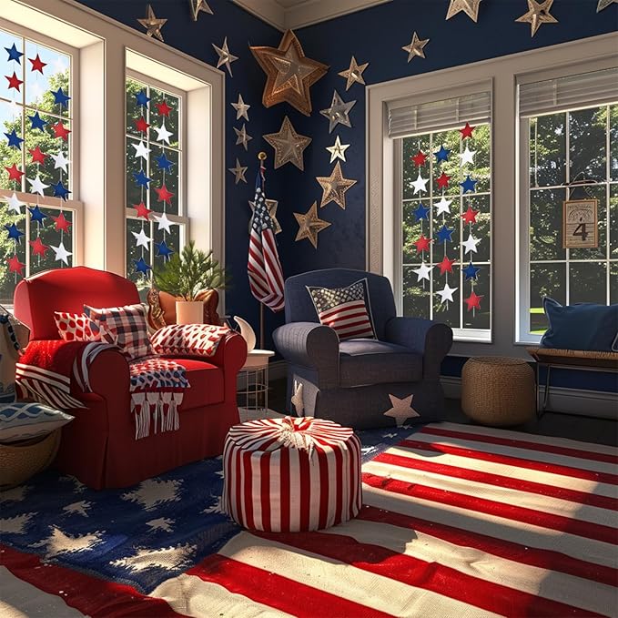 Yzurbu 4th of July Decorations, Red White & Blue Decorations, 78ft Patriotic Star Garland, 6 Strings Star Streamers Banner Hanging Decoration, Labor Day, Patriot Day, Memorial Day, Party Decor