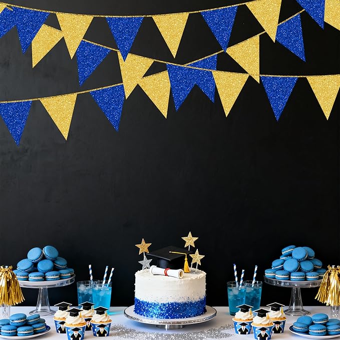 Royal Blue Gold Party Decorations Pennant Banner Flag Glitter Navy Blue and Gold Triangle Hanging Bunting for Birthday Graduation Bridal Shower Wedding Bachelorette Nautical Ahoy Achor Party Supplies