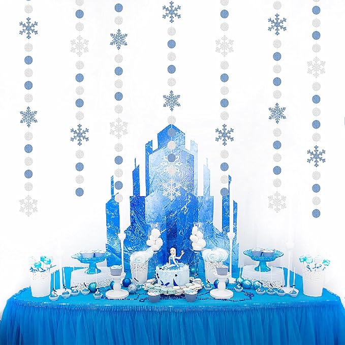Snowflake-Snow Silver-Blue Christmas Party-Decorations Garland - 58Ft White Winter Wonderland Frozen Hanging Paper Streamers Banner,Birthday Baby Bridal Shower Wedding New Year Supplies Decor Ouruola