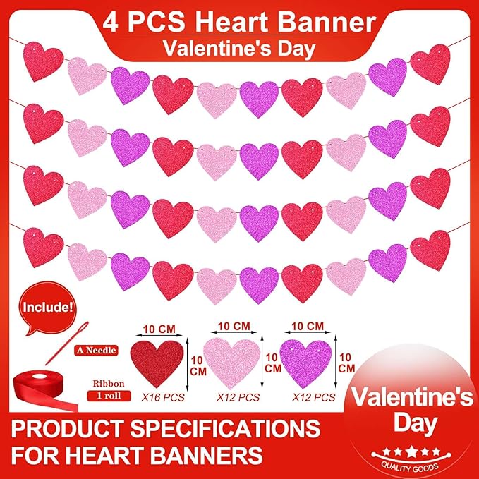4 Pack Glitter Heart Garland Banner