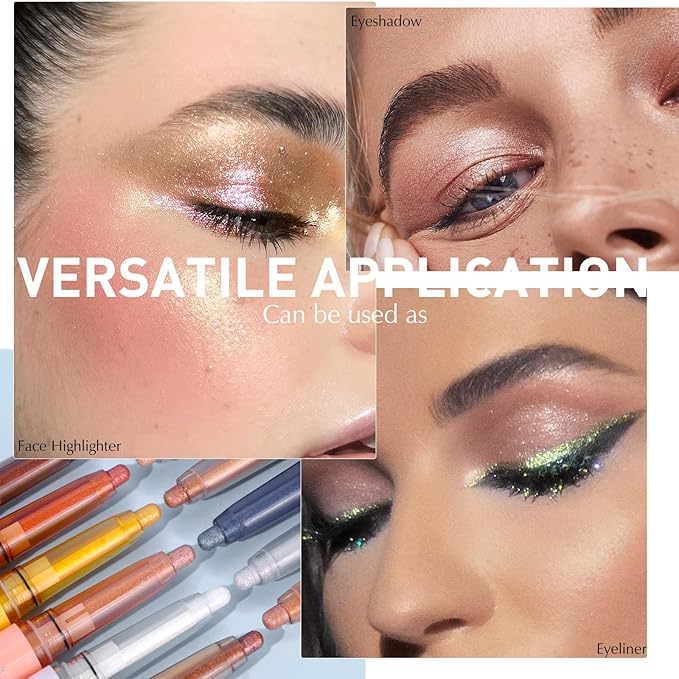 Glitter Eyeshadow Stick Metallic Chrome Finish, Shimmer Cream Eye Shadow Stick Long Lasting Holographic Color Sparkle Multi-Use Eye Brightener Highlighter Makeup Blendable Eyeliner Pencil, 5#