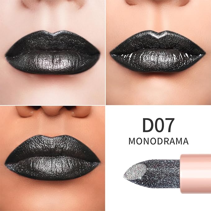 Oulac Halloween Black Lipstick Grey Black with Silver Shimmer - Moisture Creamy Lipstick for Women, Vegan & Gluten Free - D07 Monodrama
