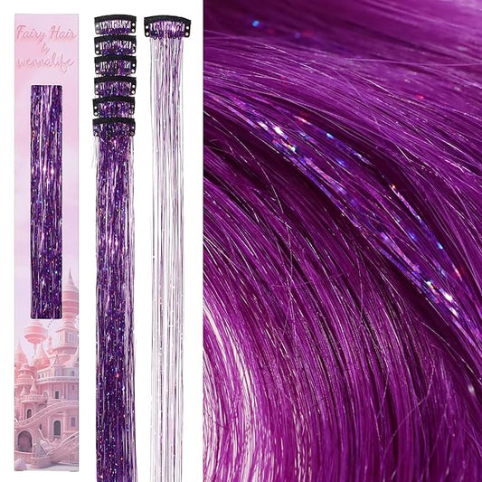 WENNALIFE Hair Tinsel Clip In for Girls Purple, 6pcs 24 inch Clips Tinsel Hair Extensions Clip in Colorful Glitter Clips Sparkle Fairy Hair Accessories for Kids