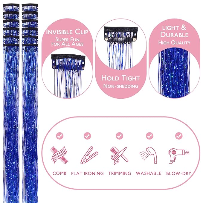 WENNALIFE Hair Tinsel kit for Girls, Clip in Sky Blue, 12PCS 24 Inch Hair Accessories for Women Clip in Colorful Glitter Tinsel Hair Fairy Girls Hair Accessories for Kids