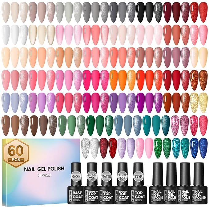 60PCS Gel Nail Polish Starter Kit, 7ml 55 Colors gel polish with 5pcs Top Base Coat Pink White Red Nude Green Blue Glitter Fall Colors Nail Polish Set Manicure Nail Art Kit DIY Gifts for Women