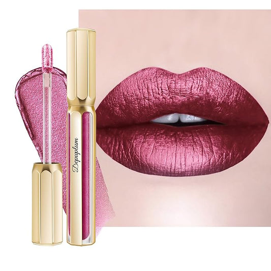 Burgundy Lipsticks for Women Metallic Lipstick Long Lasting Non Stick Cup Lip Gloss, Shimmer Lightweight Hydrating Full Coverage Lip Color, DP107 Wild Girl