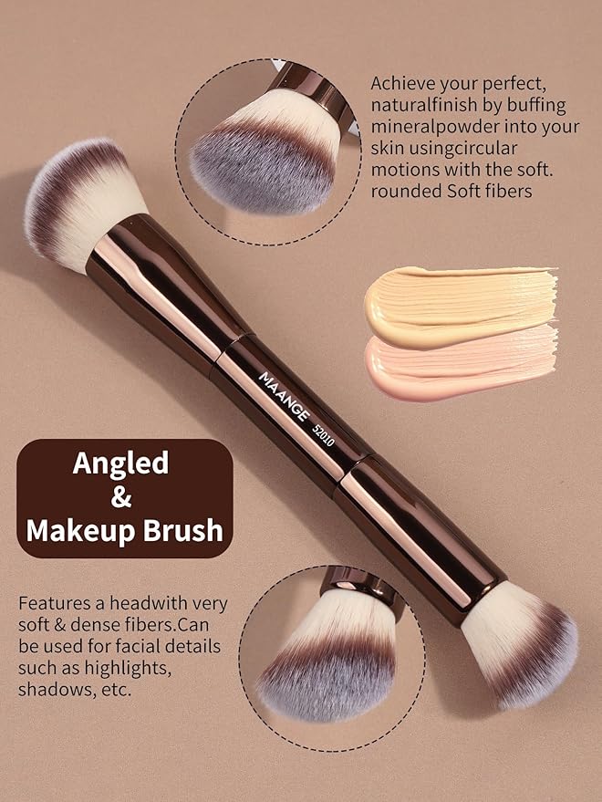 MAANGE 4 PCS Foundation Makeup Brush Set Double-ended Kabuki Contour Brush for Liquid Powder Concealer Cream Cosmetics Blending Blush Face Makeup Tools Kit (Coffee)
