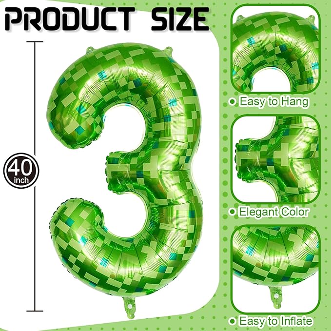 3rd Birthday Balloons for Boys, Large Lime Green Pixel Number 3 Balloon, 40'' Dark Kelly Green Foil 3 Balloon Number for Kids Three Year Old Birthday Video Game Forest Patrick's Day Party Decorations