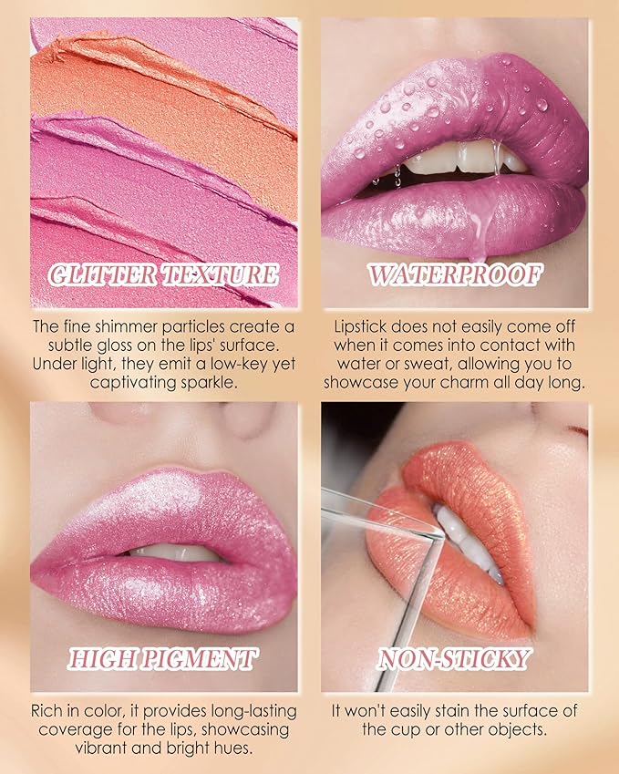 Diamond Glitter Lipstick, Pink Shimmer Matte Metallic Lipstick, High Pigmented Waterproof Long Lasting Lip Gloss, Shiny Non-Sticky Creamy Lip Tint Stain, Christmas Lip Makeup Gift for Women Girl-08