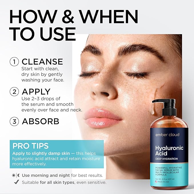 Hyaluronic Acid Serum for Face (8 Oz) for Skin and Lips - Hydrating & Moisturizing Serum for All Skin Types, Paraben-Free & Fragrance-Free