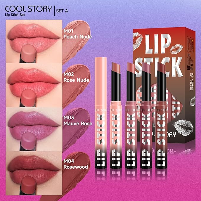 COOL STORY Matte Lipstick Lightweight Blurring Formula with High Impact Pigment, Long-lasting, 0.07 oz (4 color SET-A)
