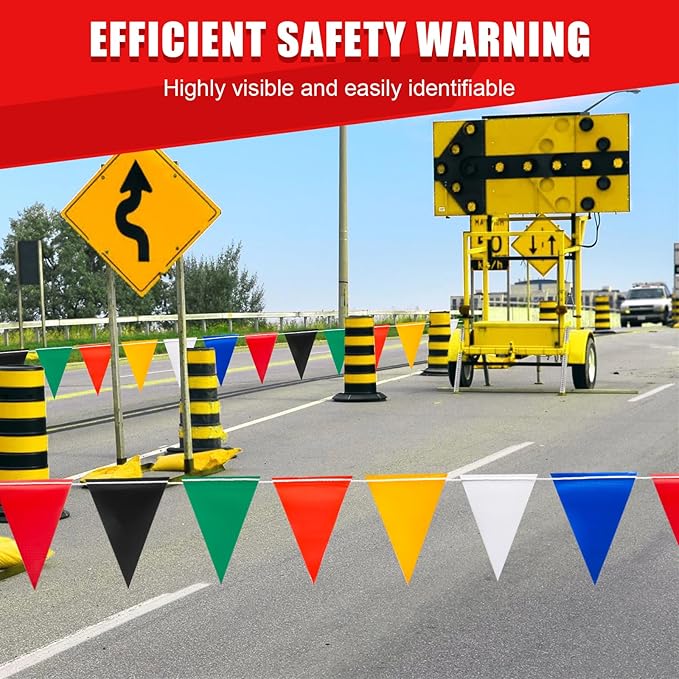 Safety Warning Pennant Banner Flags – Multipurpose 315FT OSHA High Visibility Colored Triangle Flags for Outdoor,Party, Roadwork, and Hazard Areas(MULTICOLOR,135pcs,315FT)
