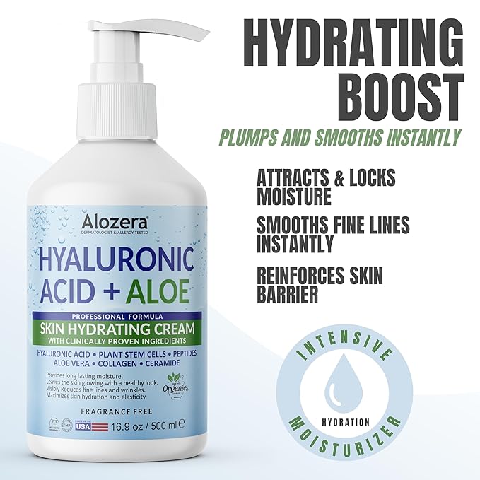 Alozera Hyaluronic Acid Body Lotion with Aloe & Stem Cells, Daily Moisturizing Lotion for Dry, Sensitive Skin Hydration, Non-Greasy, Lightweight Moisturizer, Fragrance-Free, 16.9 oz