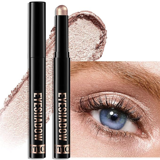 Champagne Pink Shimmer Eyeshadow Stick, Waterproof Cream Eye Shadow Pencil Long-Lasting Crease-Proof Glitter Eyeshadow Crayon Smooth High Pigmented Highlighter Neutral Eye Shadow Liner Makeup