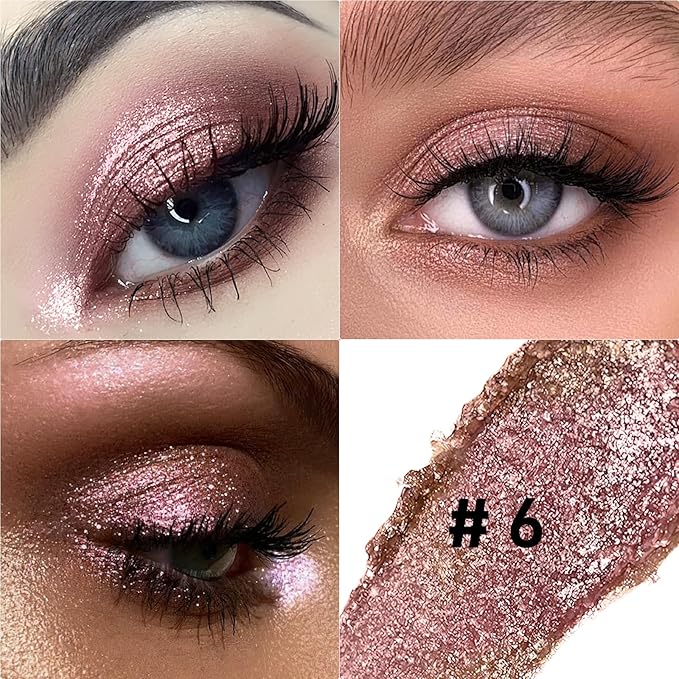 Glitter Eyeshadow Stick Metallic Chrome Finish, Shimmer Cream Eye Shadow Stick Long Lasting Holographic Color Sparkle Multi-Use Eye Brightener Highlighter Makeup Blendable Eyeliner Pencil, 6#