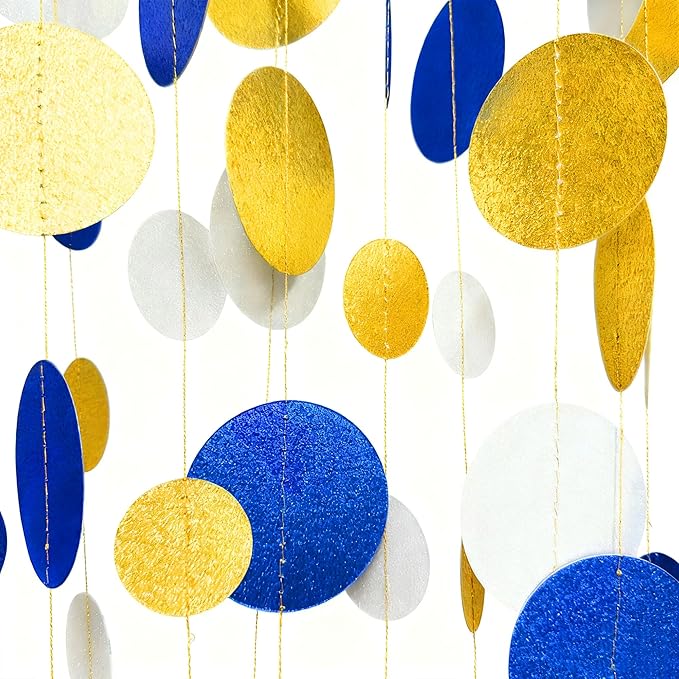 Royal Blue Gold White Party Polka Dot Garland Dark Blue Glitter Gold White Hanging Paper Circle Dots Streamer for Birthday Graduation Baby Shower Wedding Retirement Nautical Party Decorations Supplies