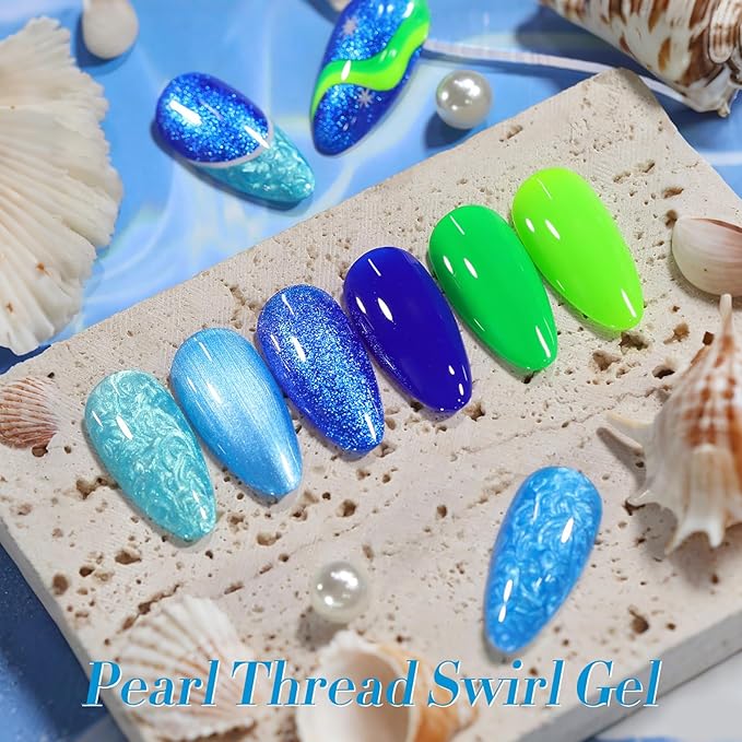 BORN PRETTY 6 Colors Shimmer Swirl Pacific Blue Glitter Blue Green Gel Polish Swirl Shell Thread Effect Soak Off Nail Art Design Salon Home Manicure Gift