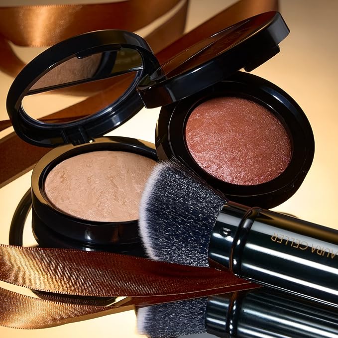 LAURA GELLER NEW YORK Blush-n-Glow Kit (3 PC): Baked Balance-N-Glow Illuminating Powder Foundation, Porcelain + Retractable Kabuki Brush + Baked Blush-N-Brighten, Pink Grapefruit