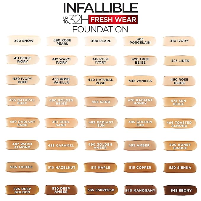 L'Oreal Paris Makeup Infallible Up to 32 Hour Fresh Wear Lightweight Foundation, 475 Sun Beige, 1 Fl Oz, Packaging May Vary