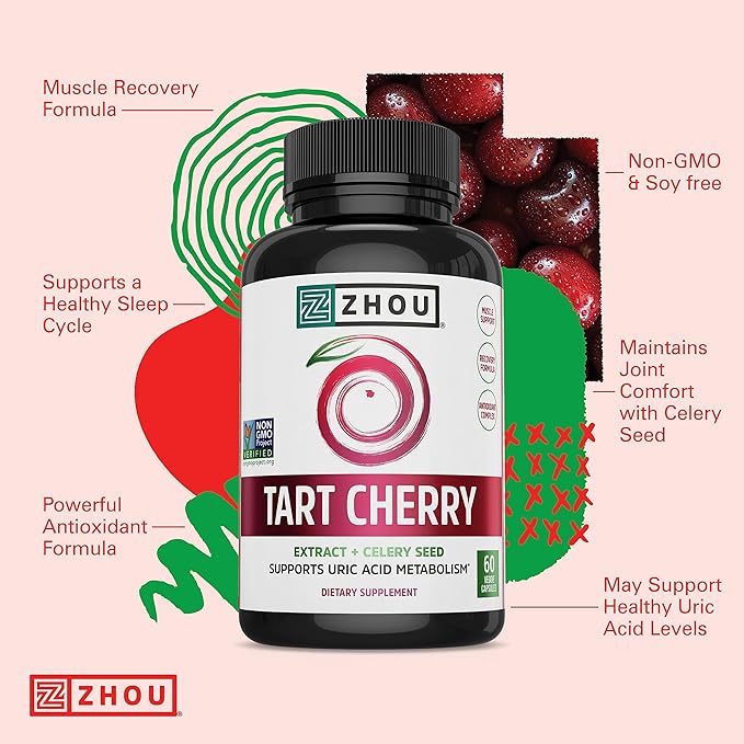 Zhou Tart Cherry Extract + Celery Seed - Tart Cherry Capsules for Men & Women, Tart Cherry Concentrate Pills for Sleep & Uric Acid Cleanse, 1000mg Per Pill - 60 Veggie Capsules (Pack of 1)