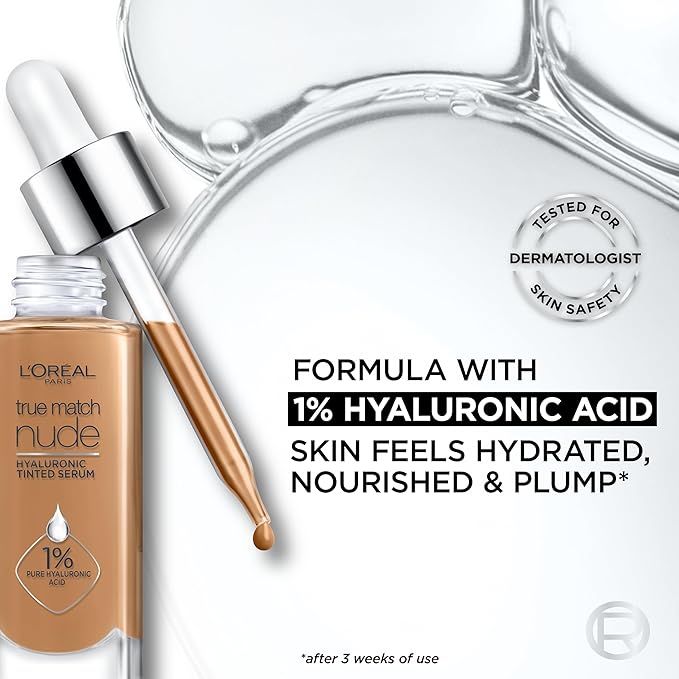 L'Oreal Paris True Match Nude Hyaluronic Tinted Serum Foundation with 1% Hyaluronic acid, Cool Deep 7.5-8.5, 1 fl. oz.