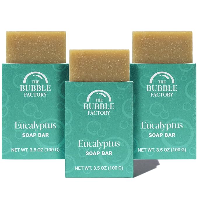 The Bubble Factory Handmade Natural Bath & Body Soap Bar, Vegan, All-Natural, Palm Oil Free, Made in USA with Shea Butter + Essential Oils, Eucalyptus, 3 Bars