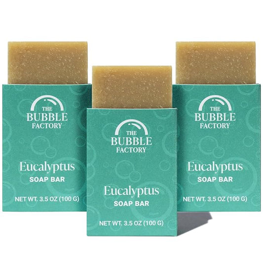 The Bubble Factory Handmade Natural Bath & Body Soap Bar, Vegan, All-Natural, Palm Oil Free, Made in USA with Shea Butter + Essential Oils, Eucalyptus, 3 Bars