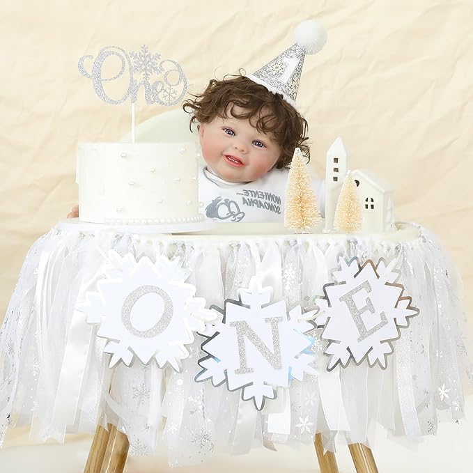 Winter Onederland 1st Birthday Girl Snowflakes One First Party Decorations White High Chair Banner Crown Cake Topper Birthday Decor