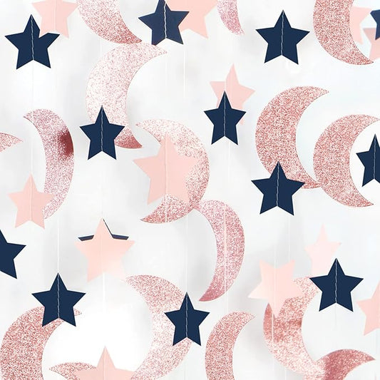 Rose-Gold Moon-Star Party Decorations Garland - 52Ft Navy Blue Pink Twinkle Little Star Hanging Decoration Streamers Banner, Eid Ramadan Mubarak Decoration Birthday Wedding Baby Shower Decor Panduola
