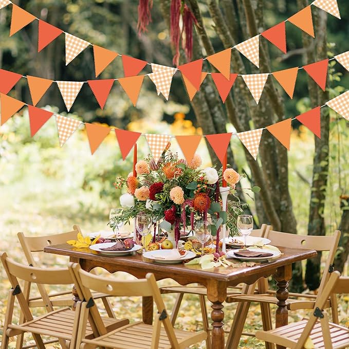 33 Ft Hanging Banner Decoration Triangle Flag Orange Pennant Plaid Fabric Bunting Garland for Birthday Wedding Baby Shower Party Supplies