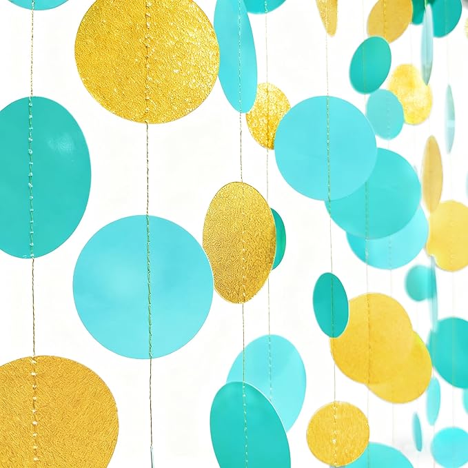 Teal Gold Party Polka Dot Garland Banner Aqua Turquoise Glitter Gold Hanging Paper Circle Dots Streamer for Birthday Baby Shower Wedding Engagement Bridal Shower Retirement Party Decorations Supplies