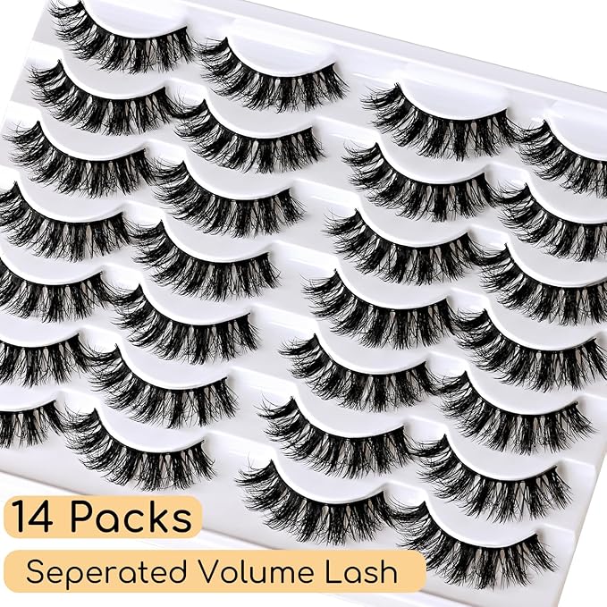 Wispy Lashes Fluffy Mink Eyelashes 16mm Natural Thick False Eye Lash Strips 14 Sets Medium Wispies Fake Strip Doll Eyelash Wet Spikes Style Full Volume Cateye Spiky Lashes Manga Look