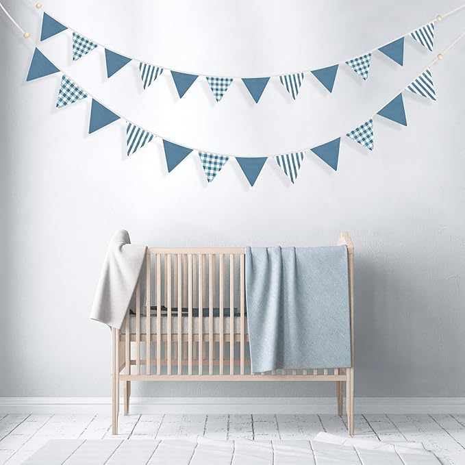 2 Sets Blue Pennant Banner Flags 24Pcs Blue Plaid Striped Nursery Garland Linen Fabric Triangle Streamers for Baby Playroom Decor Boys Nautical Checkered Birthday Baby Shower Party Decorations