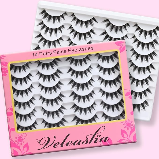 Veleasha Manga Lashes Spiky Natural Eyelashes Cosplay Anime False Eyelashes 14 Pairs 3D Lightweight 8-15mm Cotton Band Soft 100% Handmade Fairy Manhua Lashes (3D11)