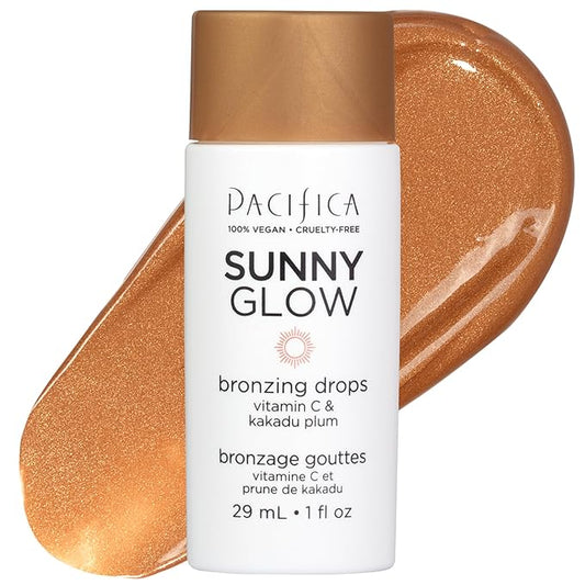 Pacifica Sunny Glow Liquid Face Bronzer Drops - Face Makeup Bronzing For Face & Cheeks for Instant Sun-Kissed Glow - Vitamin C & Glycolic Acid Infused Liquid Bronzer Illuminating Highlighting Clean