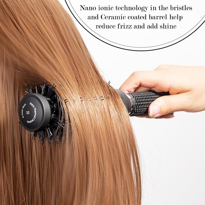 Round Hair Brush, (Barrel 1.3 inch, 32mm) Nano Thermal Ceramic & Ionic Tech Round Barrel Roller Hair Brush with Boar Bristles for Blow Drying-Black