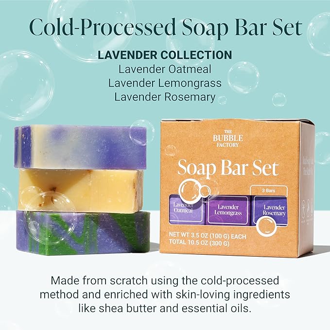 The Bubble Factory Handmade Natural Bath & Body Soap Bar, Vegan, All-Natural, Palm Oil Free, Made in USA with Shea Butter + Essential Oils, Lavender Collection, 3 Bars