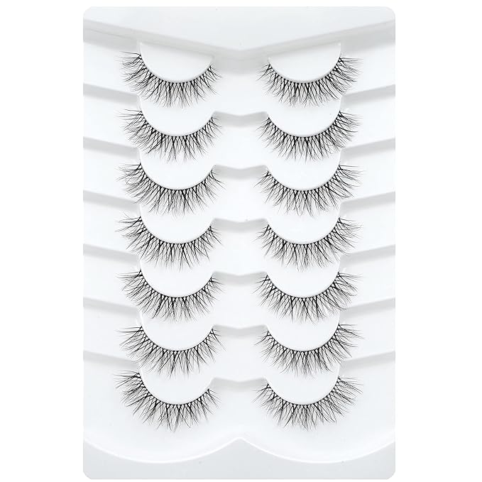 3D Clear Band False EyeLashes Natural Look Cat Eye Wispy Fake lashes Short Supernatural Cross Soft Reusable Lashes 7 Pairs-Happy Heartbeat(No.210)