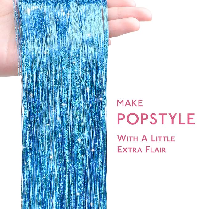 WENNALIFE Hair Tinsel for Girls, Sky Blue Fairy Kit 1200 Strands 6PCS 48 Inch Heat Resistant Glitter Tinsel Hair Extensions Kit Christmas Feathers Hair Sparkle Strands