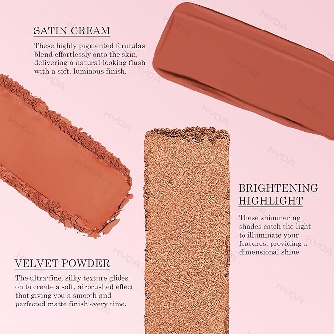 KYDA 3 Colors Blush Palette, All-In-One Face Maleup Palette, Matte Cheek Blusher Makeup, Multi-Finish Shimmery Blusher, Blendable Blush Highlighter Powder,04