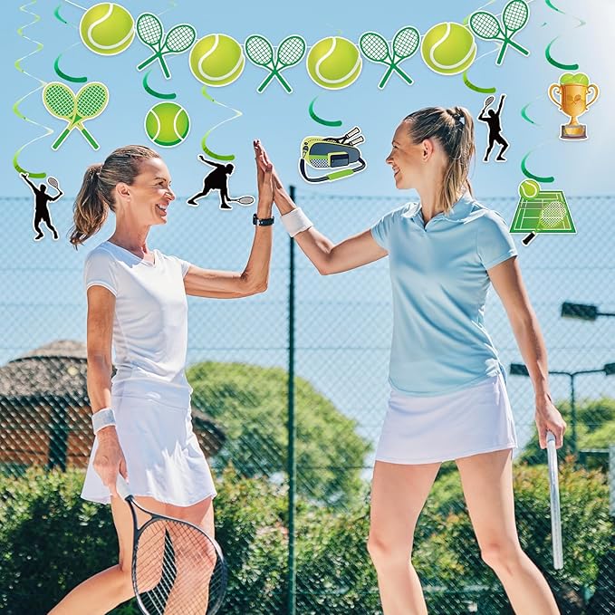 Tennis Party Decorations Green Yellow Tennis Ball Banner with Foil Swirl Hanging Garland Spiral Streamer for Sports Celebrations Team Gatherings Birthday Party Decor Supplies