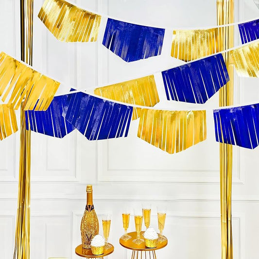 Royal Blue Gold Tassel Banner Metallic Fabric Pennant Bunting Flag for Graduation Retirement Bachelorette Birthday Engagement Wedding Bridal Shower Nautical Ahoy Achor Party Decorations Supplies
