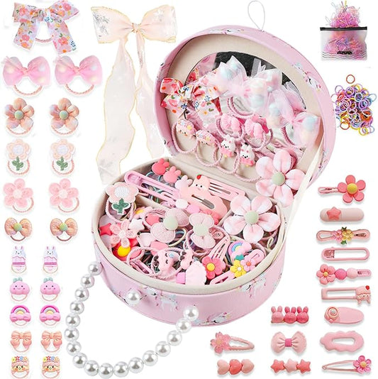 Velachuan Princess Jewelry Box for Girls with Hair Accessories,Girls Hair Clips Bows Set, Fashion Hair Styling Kit with Mirror,Pink Sparkle Trinket Box Includes Hair Clips (Ribbon)