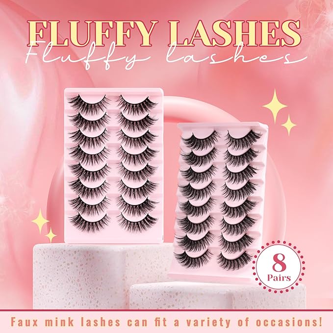 Ahrikiss Lashes Fluffy False Eyelashes Natural Look Cat Eye Lashes 8 Pairs Faux Mink Lashes Wispy Eyelashes Soft Fake Lashes Lightweight Strip Lashes (Fancy Only)