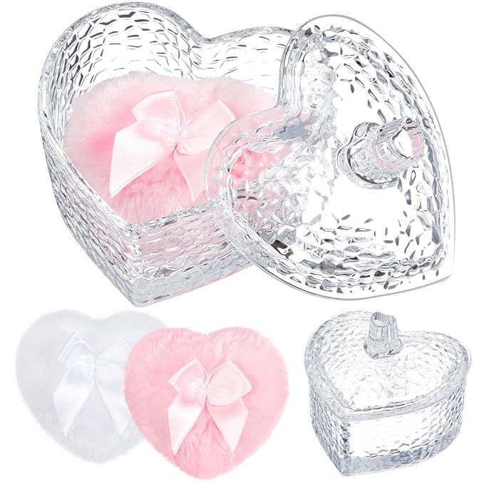 Tioncy 3 Pcs Large Body Powder Puff and Container Powder Container with Puff Crystal Case Soft Washable Reusable Velour Face Body Glitter Wet Dry Makeup(Heart,Clear)