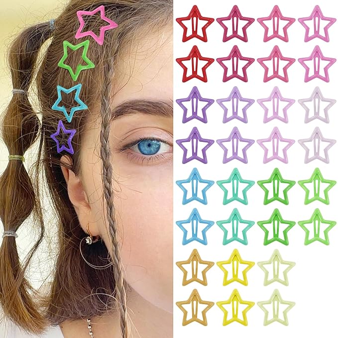 Star Hair Clips Multiple Colors Snap Hair Barrettes Non Slip Star Hair Accessories Metal Hair Clips for Girls Women -30 PCS 1.18"